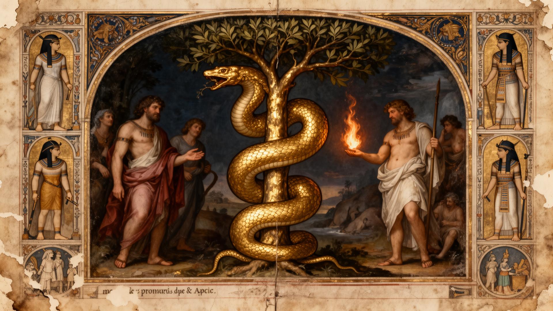 Illuminated manuscript depicting a serpent and bringers of fire